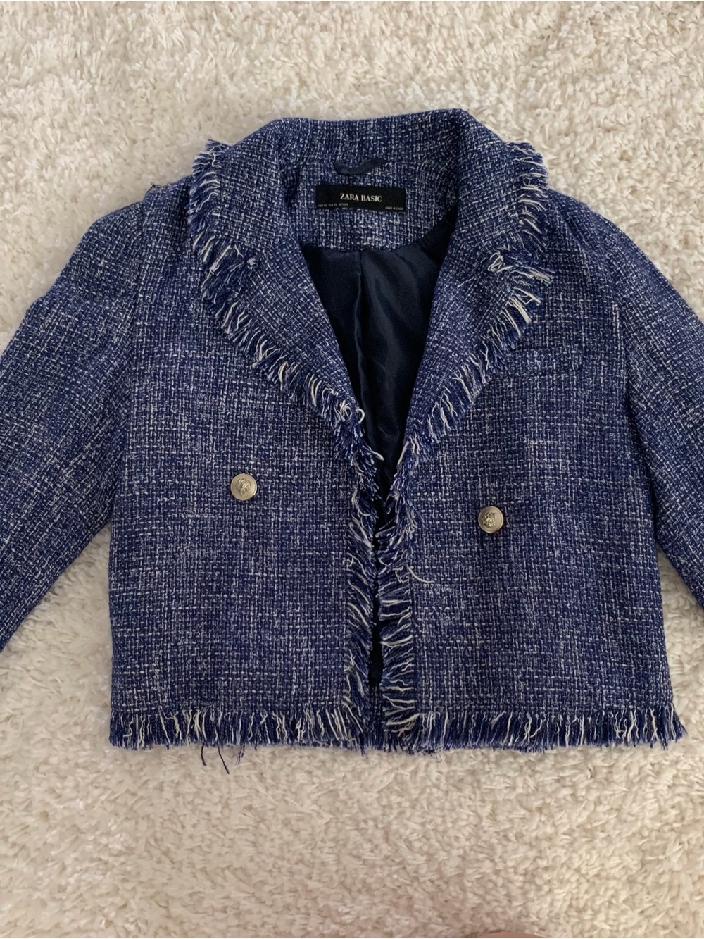 Zara Blue and White Tweed Cropped Blazer with Fringe Detail